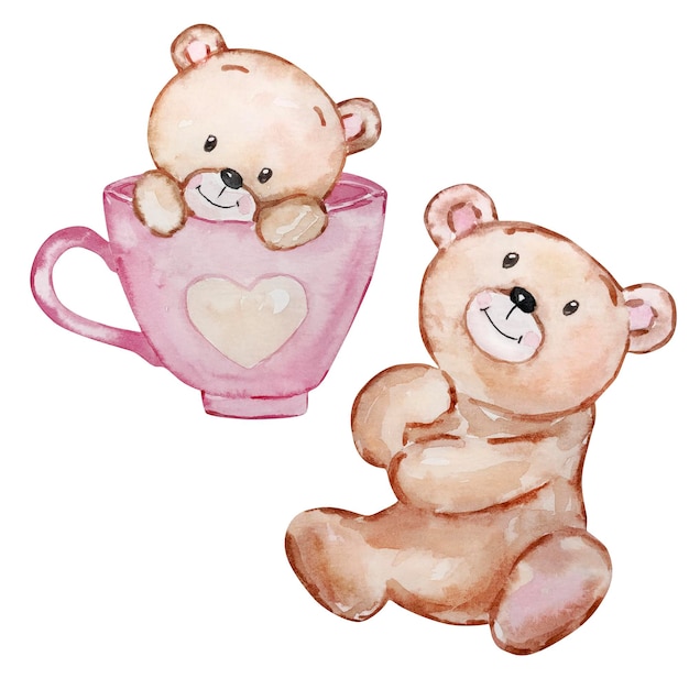 Aquarelle Mignon Nounours Saint Valentin