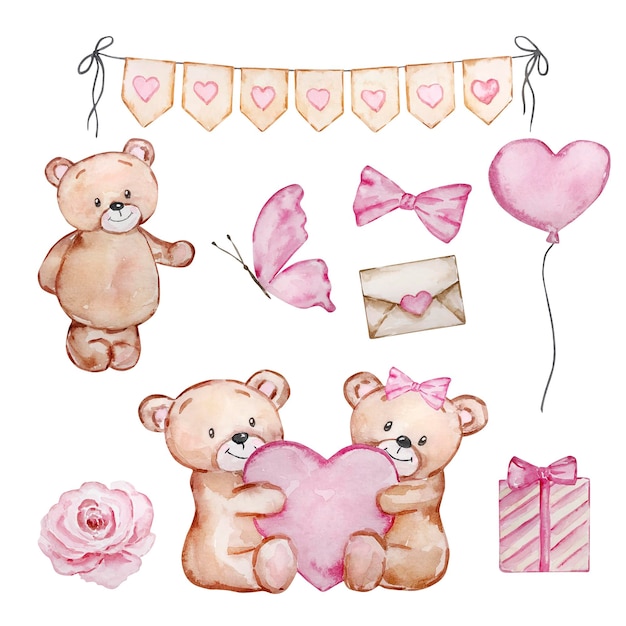 Aquarelle Mignon Nounours Saint Valentin