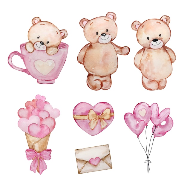 Aquarelle Mignon Nounours Saint Valentin