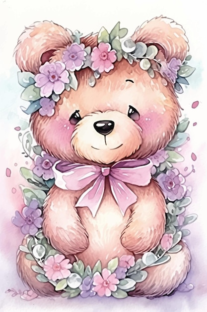 Une aquarelle d'un mignon ours en peluche avec des fleurs.