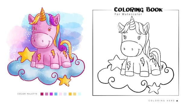 Aquarelle Mignonne De Licorne Pour Livre De Coloriage