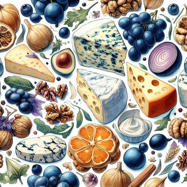 Aquarelle Nourriture Encore Du Fromage Bleu Italien Gorgonzola Dessin D'illustration De Modèle Végétarien
