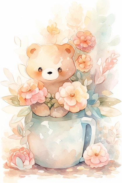 Une Aquarelle D'un Ours Dans Une Tasse Avec Des Fleurs.