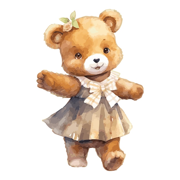 Vecteur aquarelle un ours mignon porte un ruban de fleurs un concept de pose adorable