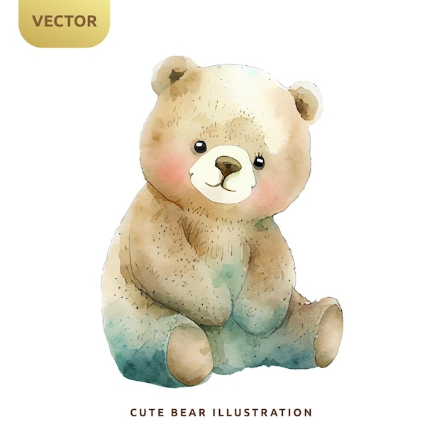 Aquarelle D'ours En Peluche Mignon Isolé Sur Fond Blanc Illustration Vectorielle De Dessin Animé Bébé Ours Heureux