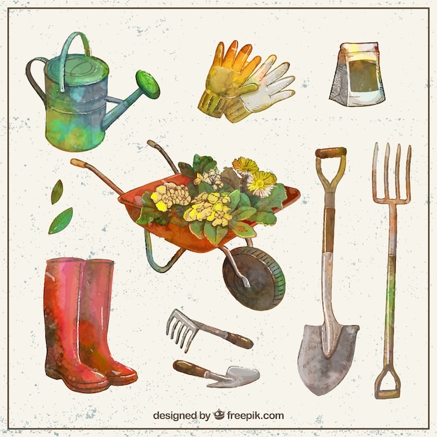 Vecteur aquarelle outils de jardinage collection