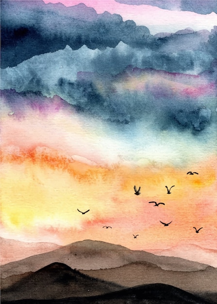 aquarelle de paysage avec fond de ciel magnifique