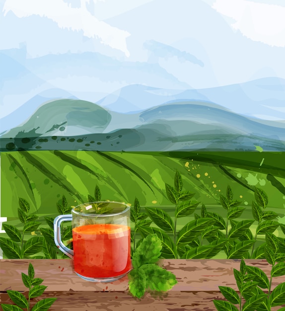 Vecteur aquarelle paysage de thé