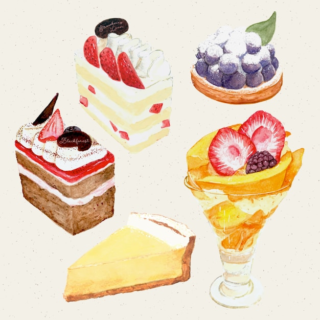 Vecteur aquarelle peinte à la main gâteau sucré et savoureux. gâteau, tarte, gâteau au fromage, parfait