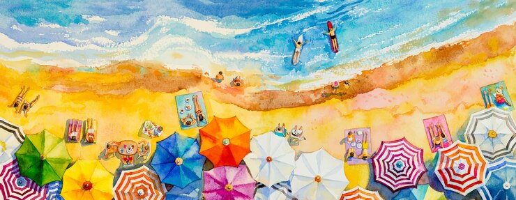 Aquarelle peinture paysage marin vue de dessus coloré des vacances en famille amoureux.