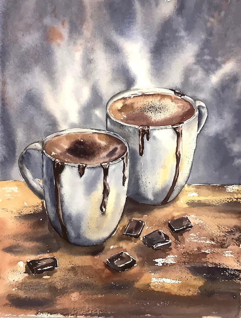 Aquarelle petit déjeuner café du matin petit déjeuner café cacao biscuits bonbons brouillard