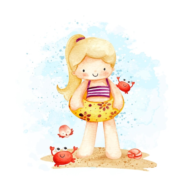 Aquarelle Petite Fille à La Plage