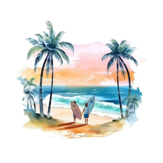 Aquarelle plage clipart paysage de palmiers