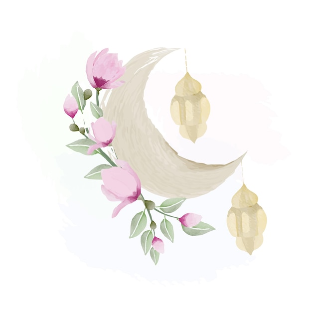 Aquarelle Ramadan Mubarak Spring Magnolia Blossom Avec Lune Et Lanternes