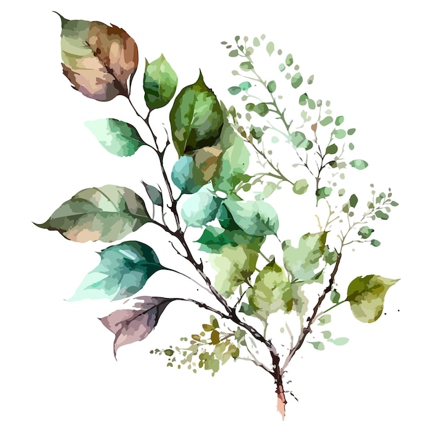 Une aquarelle représentant une branche avec des feuilles.