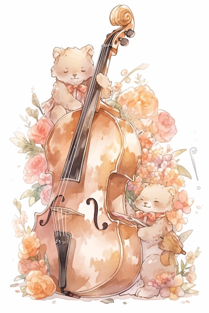 Une aquarelle représentant deux ours jouant du violoncelle.