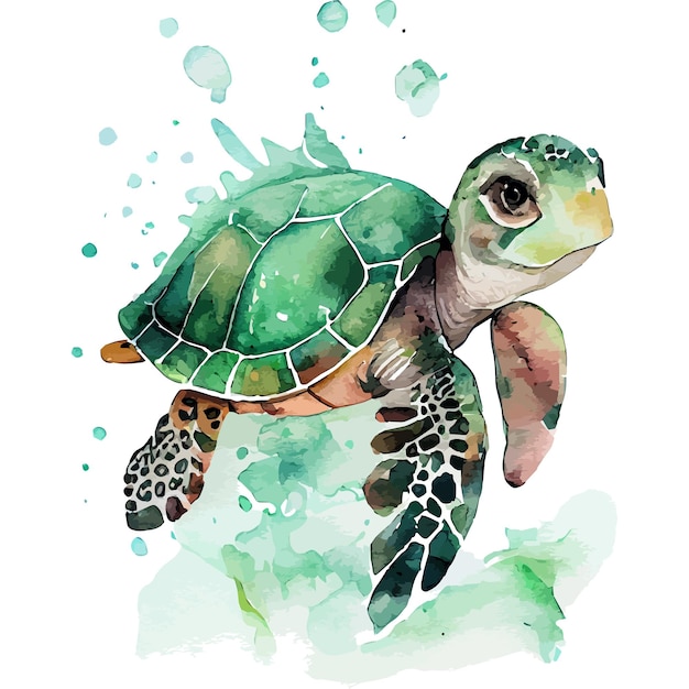 Une aquarelle représentant une tortue aux yeux verts et une tortue verte sur le dos.