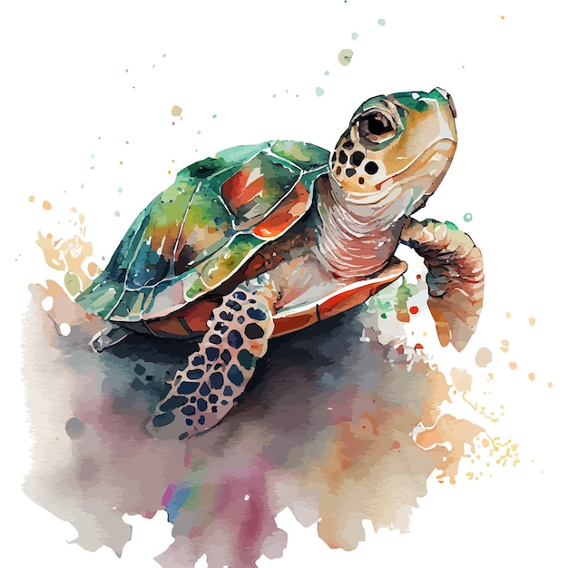 Une Aquarelle Représentant Une Tortue à Carapace Verte.