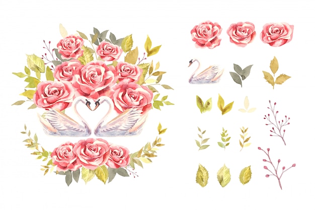 Aquarelle rose et cygne avec bouquet de feuilles vertes dans un style botanique avec arrangement isolé sur l'illustration.