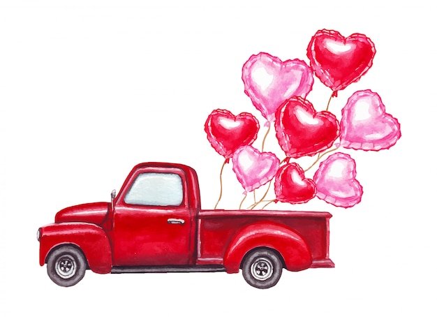Aquarelle Saint Valentin illustration dessinée à la main de voiture rétro rouge avec des ballons en forme de coeur rouge et rose.