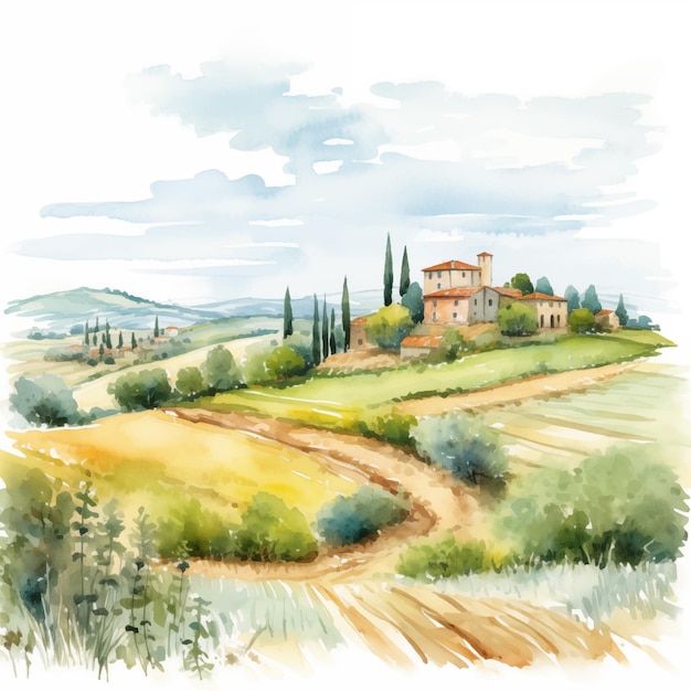 Vecteur aquarelle toscane paysage or collines de mariage