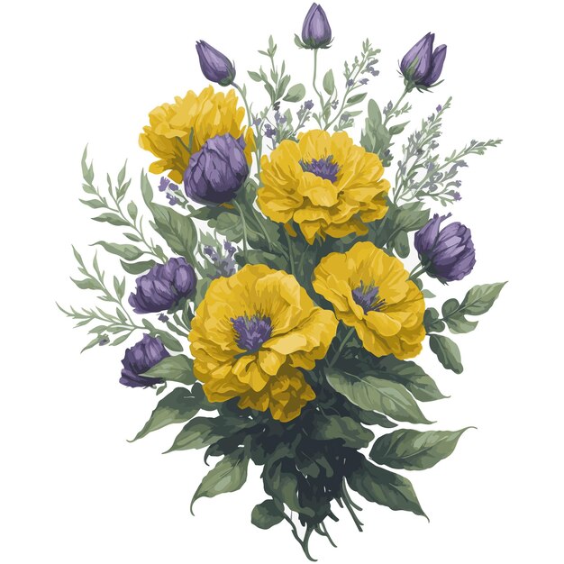 Aquarelle Vecteur Downy Jaune Violet Clipart Bouquet Floral Modifiable