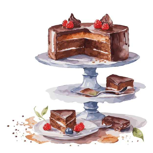 Vecteur aquarelle vecteur sachertorte pâtisserie clipart fond blanc modifiable