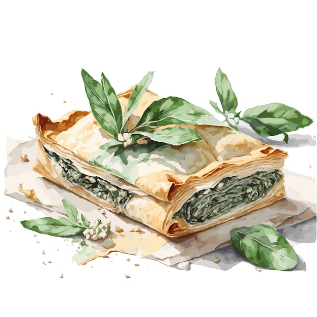 Vecteur aquarelle vecteur spanakopita pâtisserie clipart fond blanc modifiable