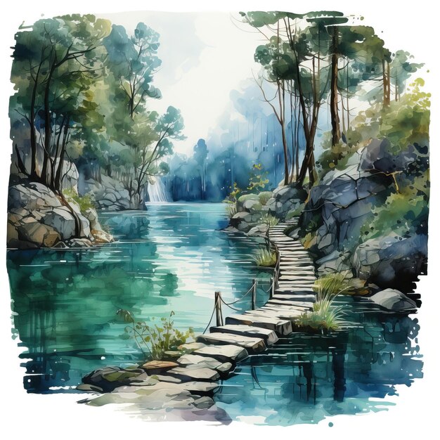 Vecteur aquarelle vector plitvice le lac kozjak sur fond blanc