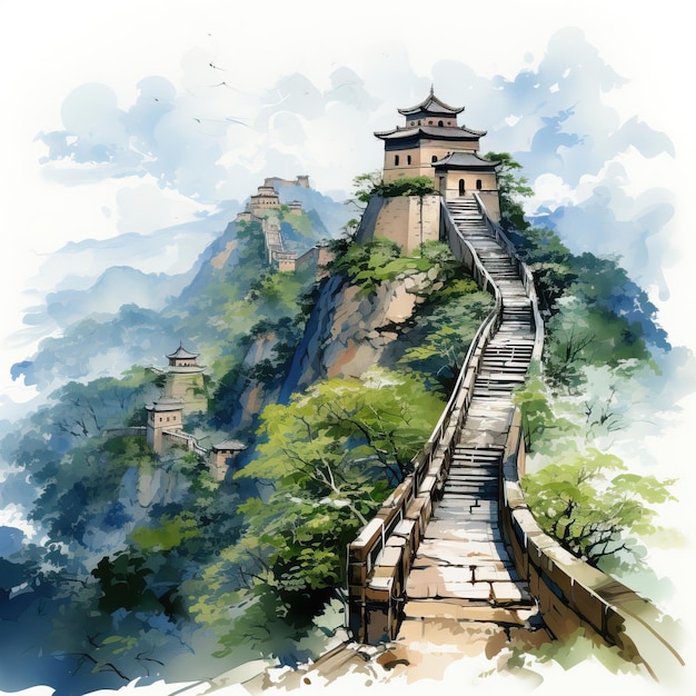 Vecteur aquarelle vectorielle de la grande muraille de chine badaling sur le blanc b