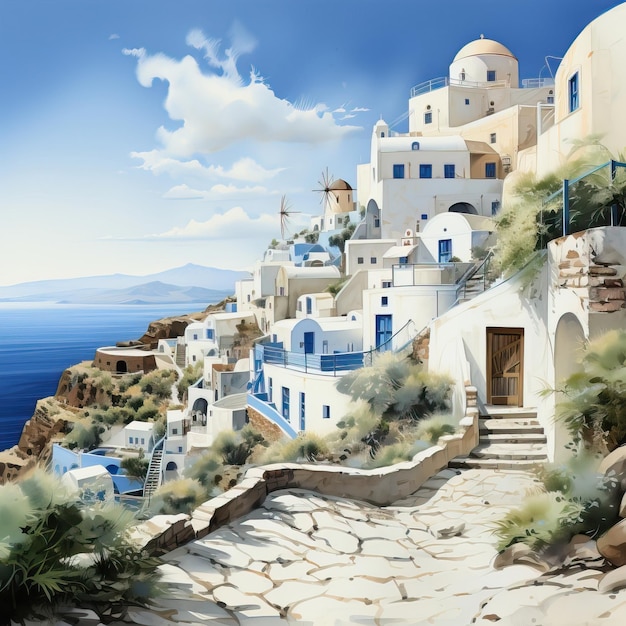 Vecteur aquarelle vectorielle santorin thira sur fond blanc