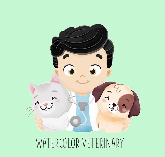Vecteur aquarelle vétérinaire avec chien et chat