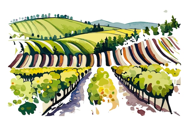 Vecteur une aquarelle d'un vignoble avec des montagnes en arrière-plan