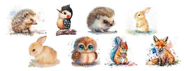 Des aquarelles adorables d'animaux sauvages, dont des hérissons, des oiseaux, des lapins et un renard.