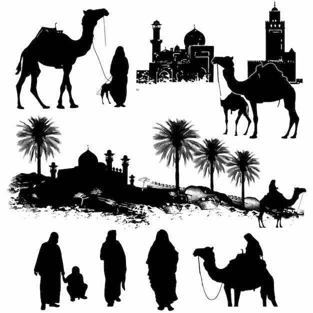 Vecteur les arabes et les chameaux sont des silhouettes vectorielles.