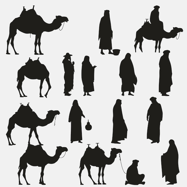 Les Arabes Et Les Chameaux Sont Des Silhouettes Vectorielles.