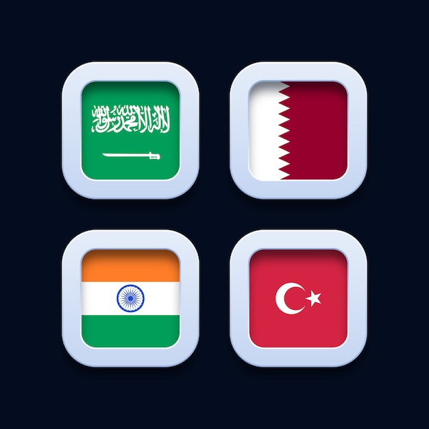 Arabie saoudite, Qatar, Inde et Turquie drapeaux icônes de bouton 3d