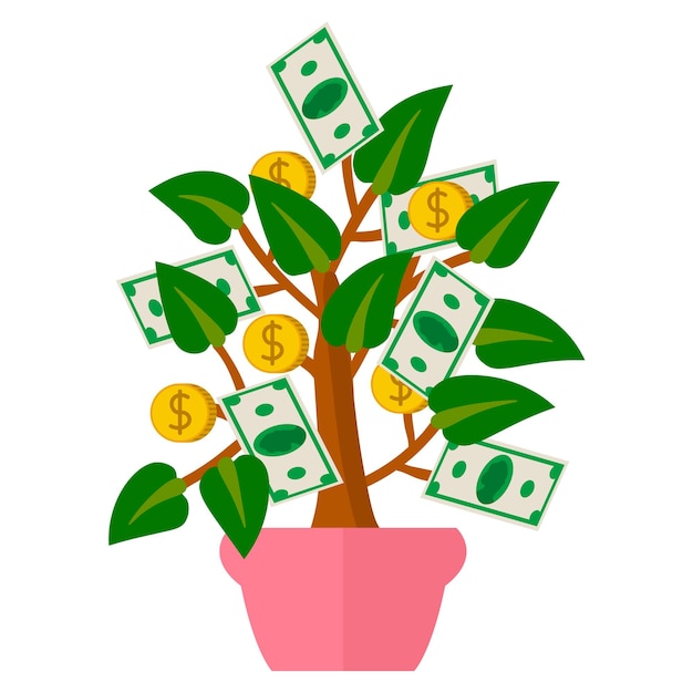 Vecteur arbre d'argent de dessin animé mignon dans un style plat isolé sur blanc. plantez dans le pot. notion de finances.