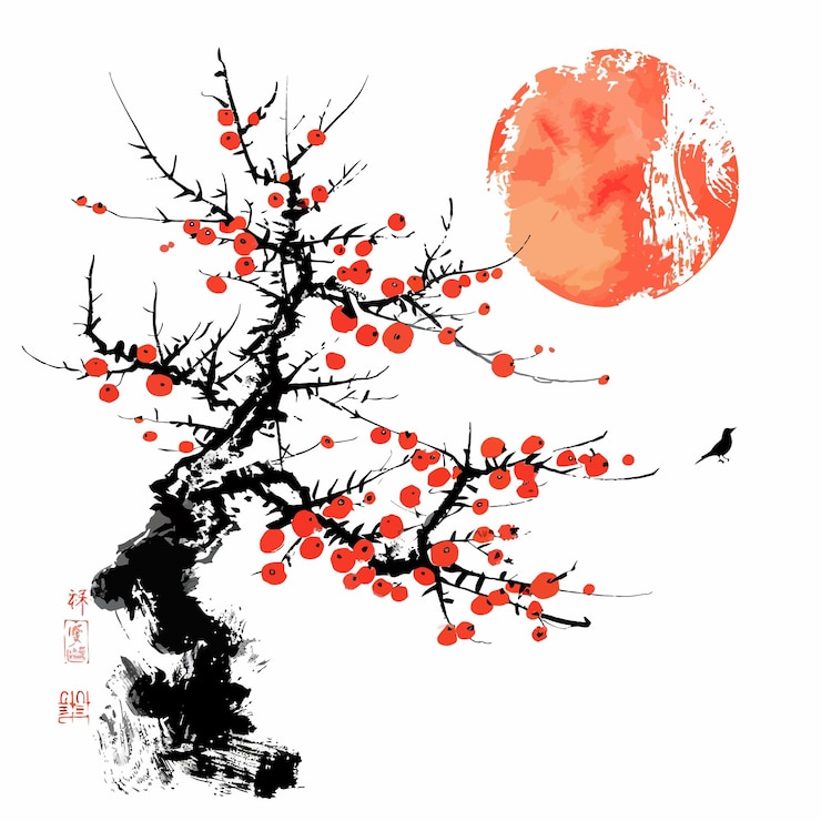 Vecteur un arbre avec des baies rouges et un oiseau dessus