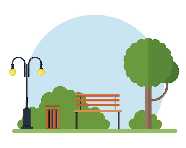 Vecteur arbre, banc, lampe et poubelle dans l'illustration du parc