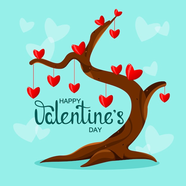 Un Arbre Avec Des Coeurs Rouges Une Carte De Voeux Happy Valentines Day Cartoon Design