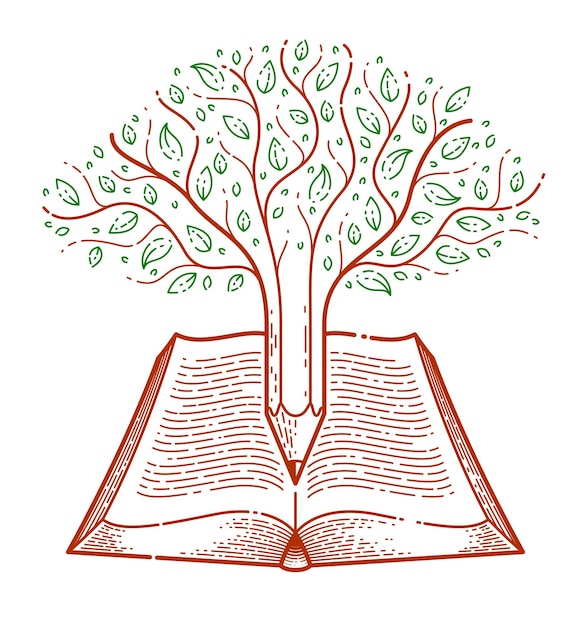 Vecteur arbre combiné avec un crayon sur l'éducation de livre vintage ouvert ou le concept de connaissances scientifiques, le logo vectoriel ou l'emblème de la bibliothèque de littérature éducative ou scientifique.