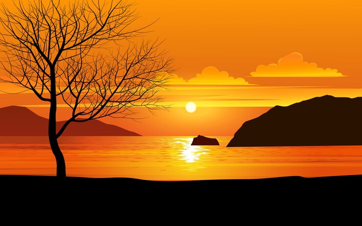 Vecteur arbre contre le coucher du soleil doré à la plage