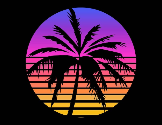 arbre, coucher soleil, retro, vecteur, illustration