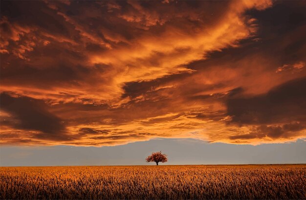 Vecteur un arbre dans un champ avec des nuages orange