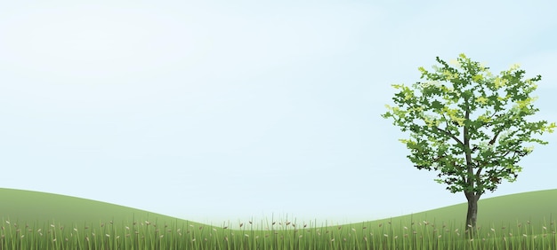 Arbre Dans La Zone De Colline D'herbe Verte Avec Un Ciel Bleu. Illustration Vectorielle.