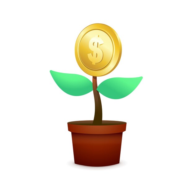 Arbre avec fleur de pièce d'or en pot sur fond blanc. Économiser de l'argent pour le concept d'investissement à long terme.