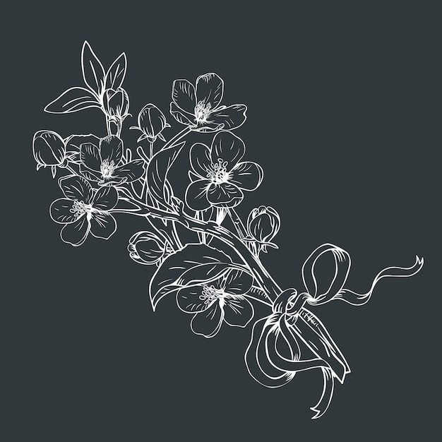 Arbre en fleurs. Bouquet de branches de fleurs botaniques dessinés à la main sur fond noir. Illustration vectorielle. Peut être utilisé pour les cartes de vœux, les invitations de mariage, les motifs.