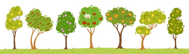 Vecteur arbre fruitier jardin plat dessin animé ensemble verger arbres pomme poire citron cerise prune ferme mûr éco récolte