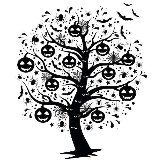 Arbre D'halloween Effrayant Avec Citrouille Suspendue Illustration Vectorielle Isolée Sur Fond Blanc